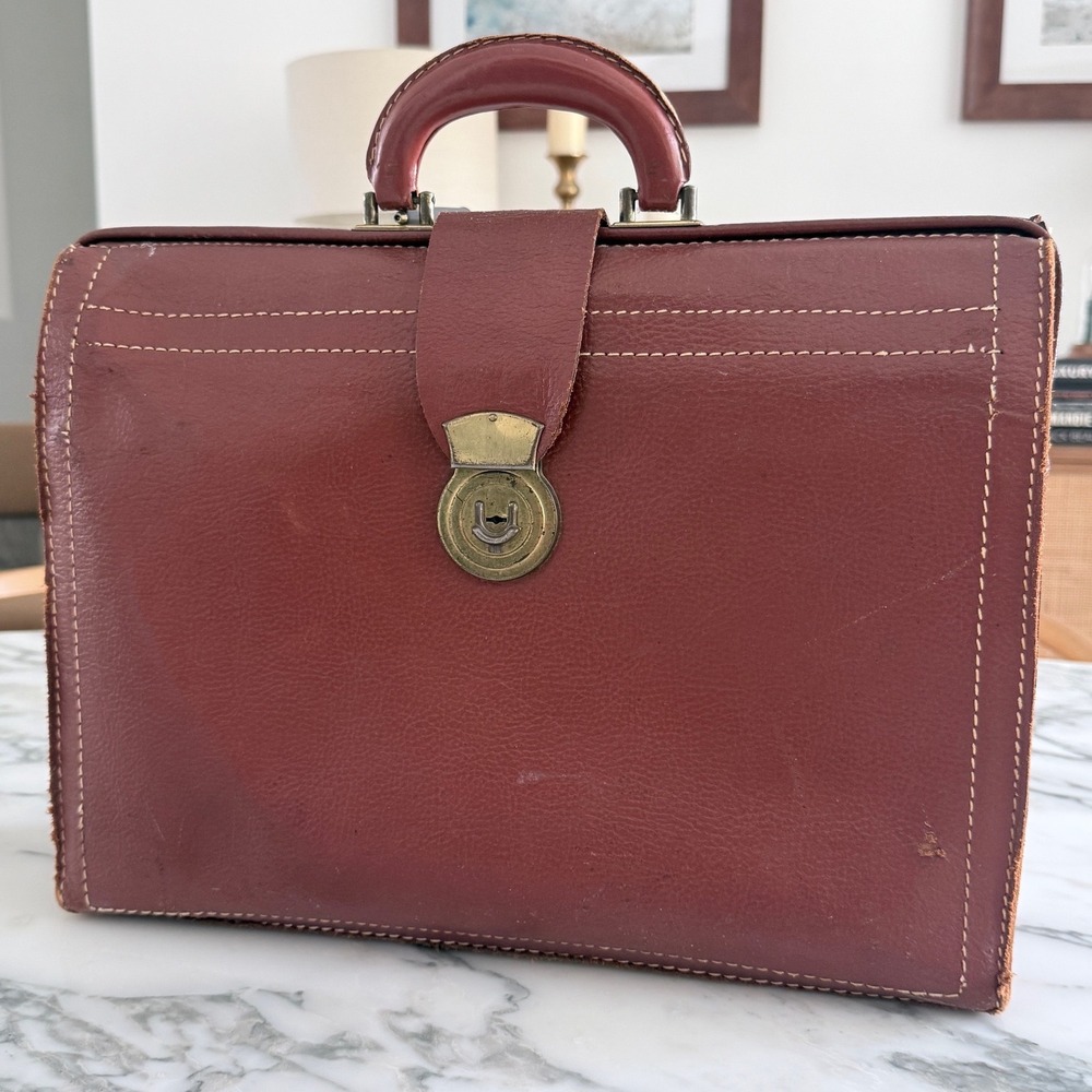 Vintage Burgundy Leather Doctor Bag Briefcase Brass Hardware Satchel